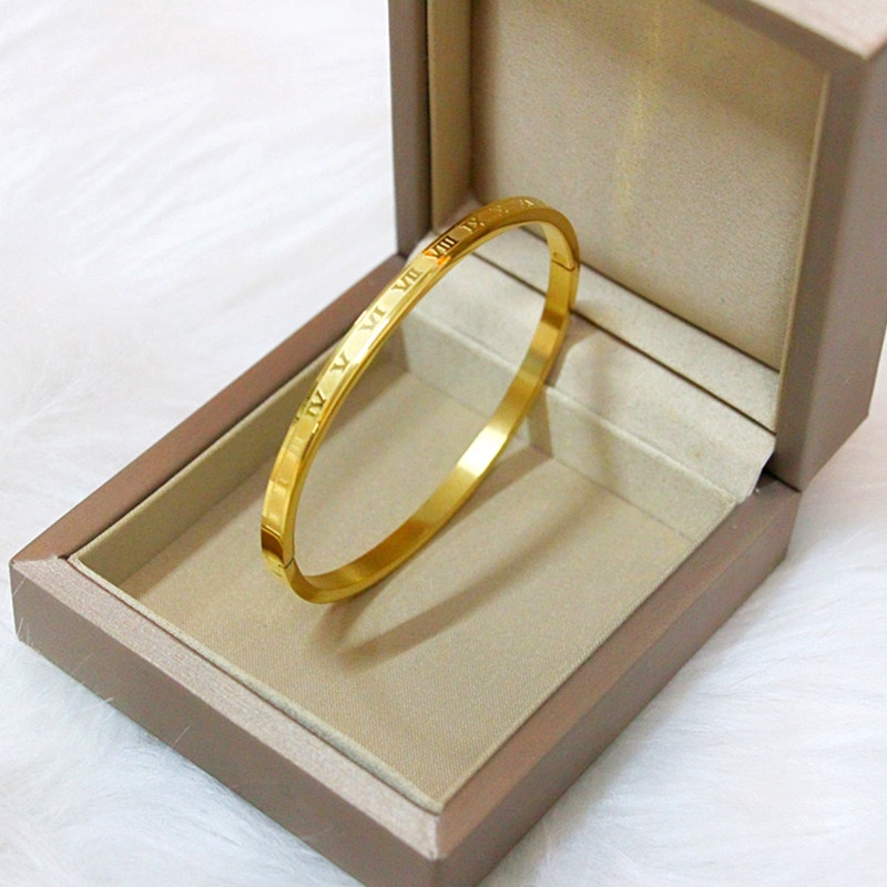 Gelang Titanium Premium Anti Karat Angka Romawi Lapis Emas 18K Korea Perhiasan Wanita