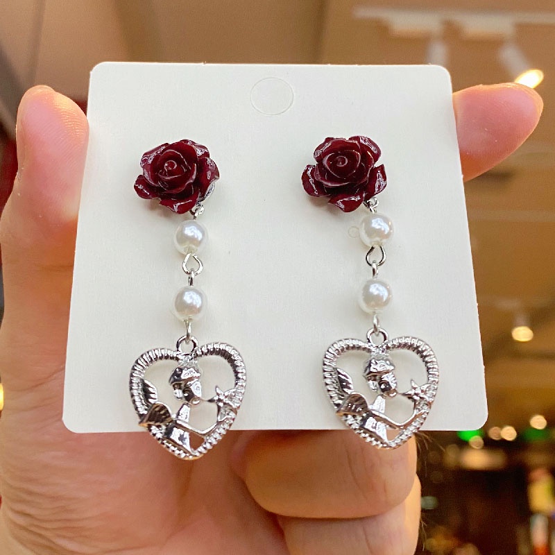 Anting Bentuk Bunga Mawar Warna Merah