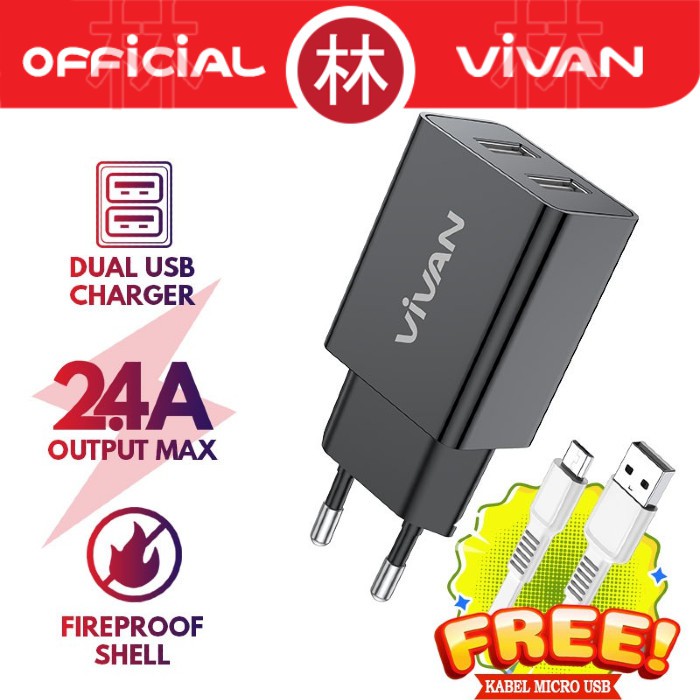 Vivan DD02 12W Dual Port USB Charger 2.4A With Data Cable Micro USB