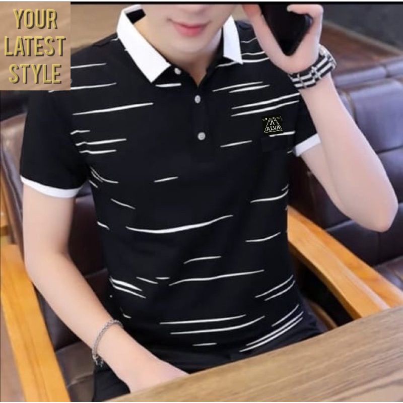 ( New Arrival ) Original Distro Bandung Polo Shirt Pria Motif Garis kerah Sporty Formal cotton