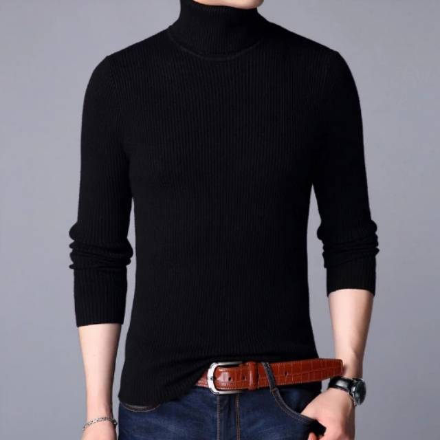 Sweater Rajut Pria Turtle Neck / Kerah Tinggi Garis Salur Polos 100% Cotton - Hitam