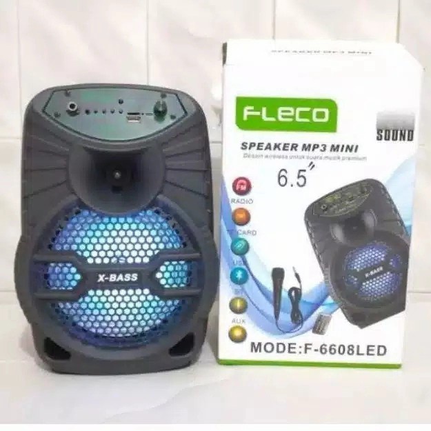 Speaker Karaoke Bluetooth Fleco F-6608Led Gratis Microphone Karaoke