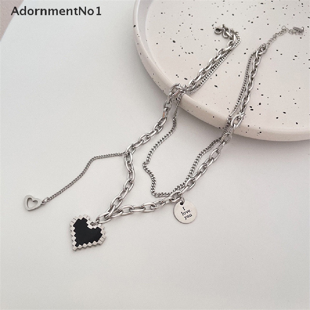 (AdornmentNo1) Kalung Rantai Dengan Liontin Hati Hollow Mosaik Warna Hitam Gaya Punk Untuk Wanita