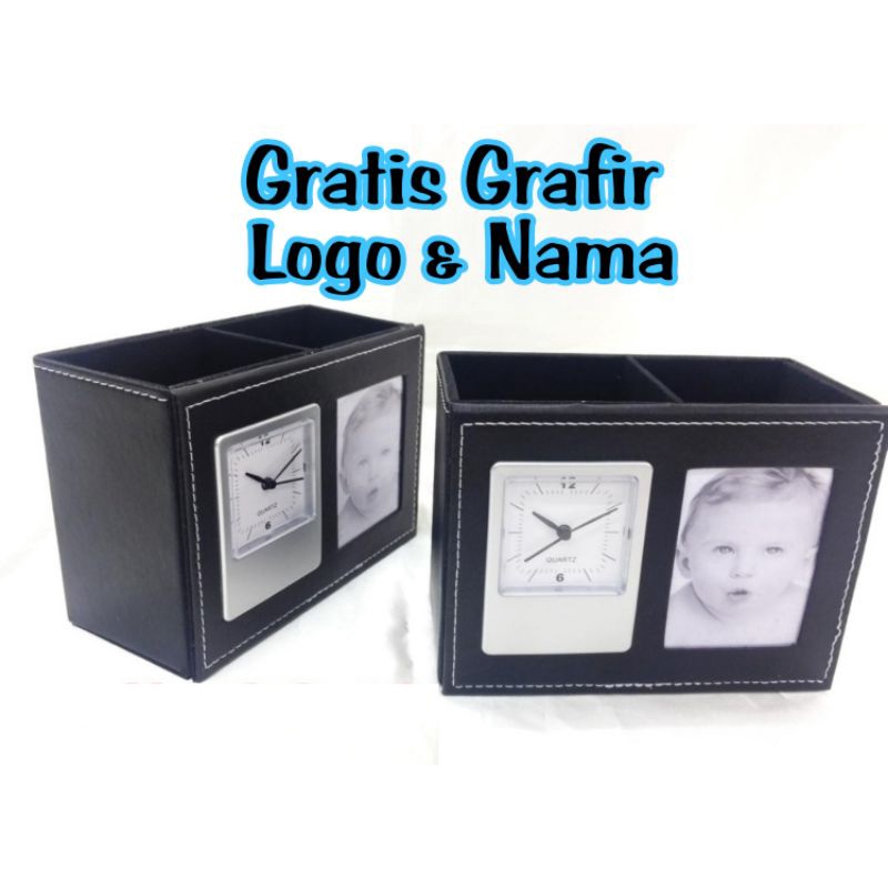 

jam meja kulit/tempat pulpen exclusive gratis Grafir nama