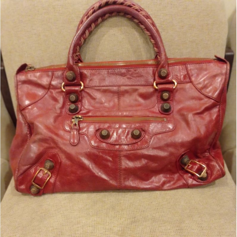 Preloved/trhift tas kulit asli top handle ala Balenciaga City merah