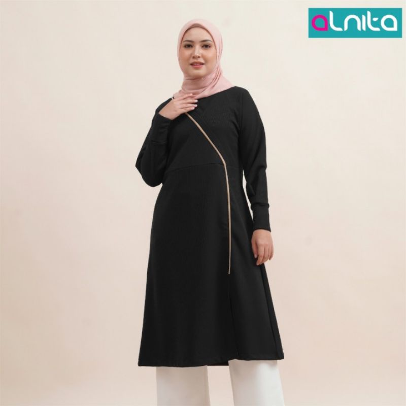 Tunik Atasan Wanita Motif Garis Alnita Nibras Tsana Midi bahan Monza