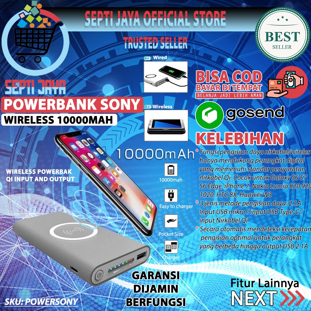 QI Power Bank Wireless Sony 10000 mAh Original Fast Charging Powerbank QI Sony Wireles Micro UsbPort
