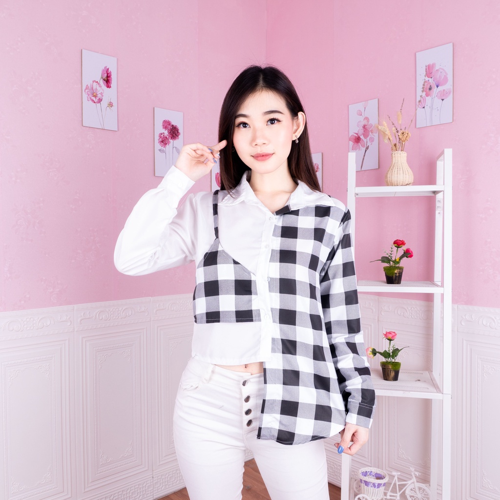 IL - Chess Playfull Assymetrical Blouse Top / Kemeja Wanita Chess Rubi Kotak Tartan