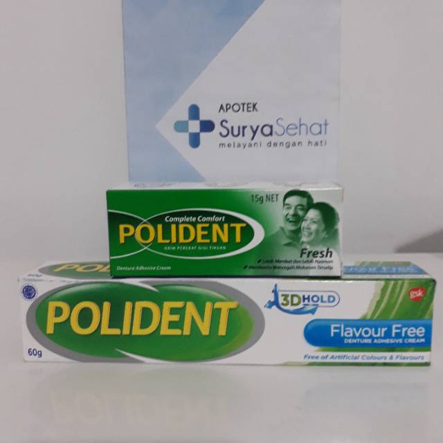 Polident Krim Perekat Gigi Tiruan 15gram 60gram - Fresh Mint - 3D Hold Flavour Free