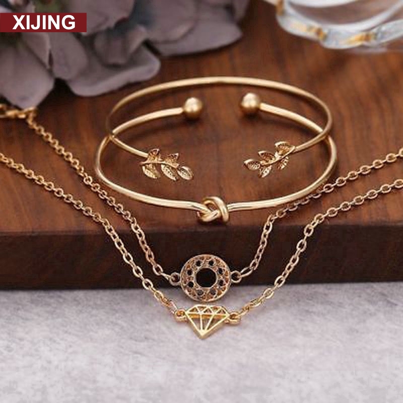 4pcs / Set Gelang Bangle Model Terbuka Dapat Disesuaikan Desain Daun Simpul Warna Emas