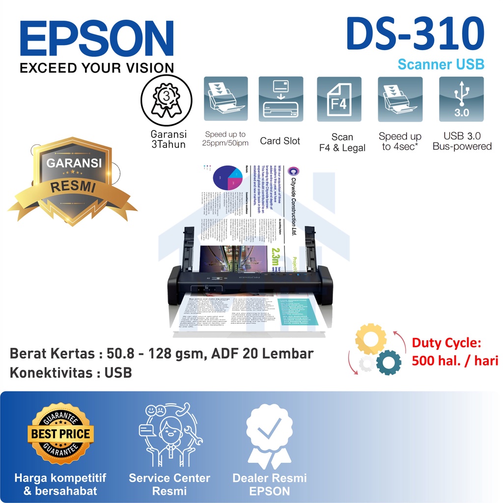 SCANNER EPSON DS-310 DS310 DS 310 Scanner ADF A4 Portable GARANSI RESMI