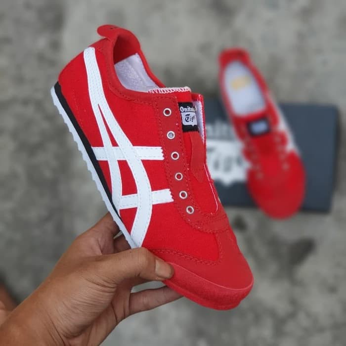 Promo Sepatu Onitsuka Tiger Slip On Wanita Kanvas Merah Putih 36-40