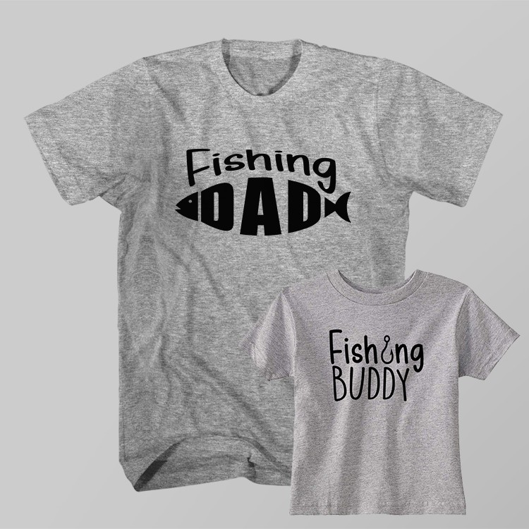 Kaos Pasangan Anak Ayah Fishing Dad Fishing Buddy Mancing Mania, Baju Lengan Pendek Warna Abu-abu