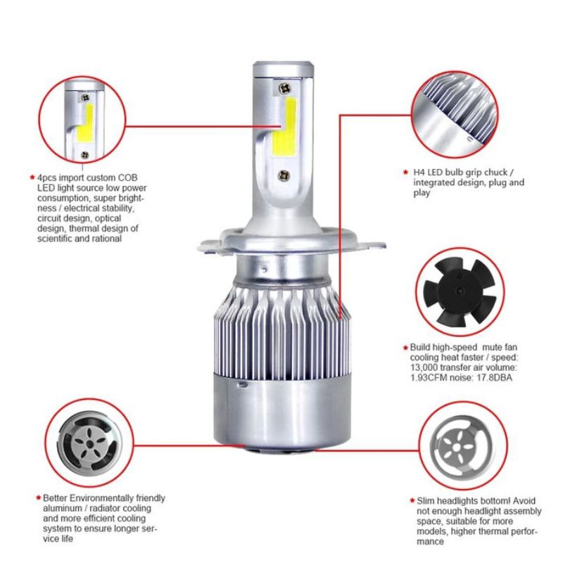 Sepasang Lampu Mobil Led Cob Soket H4 36W Headlamp Hi-Lo C6 Super Bright Kaki 3 Lampu Depan Utama