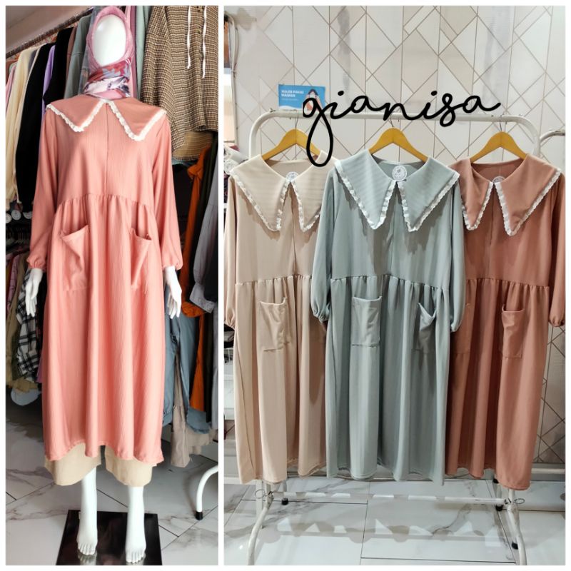 GIANISA | WINZA MIDI DRESS / MIDI BAHAN KNIT / MIDI DRESS POLOS / KERAH LEBAR / KERAH RENDA / BUSUI 
