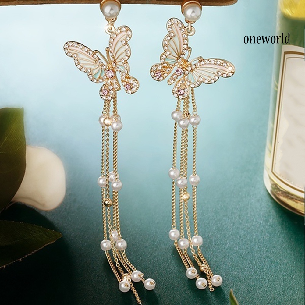 OW@ Lady Bling Rhinestone Inlaid Butterfly Long Tassel Faux Pearl Drop Stud Earrings