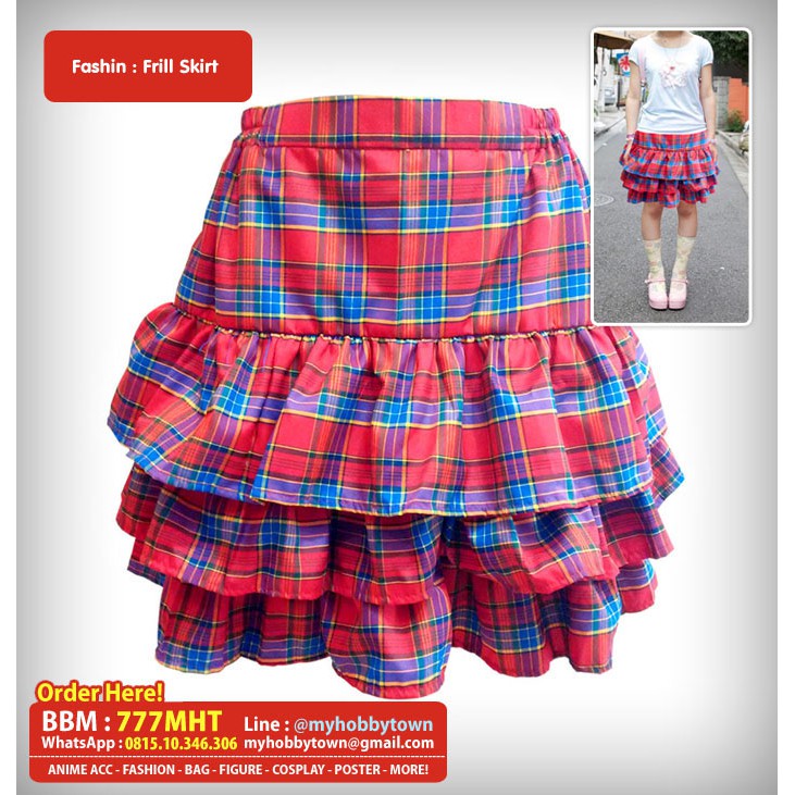 Rok Frill Kotak-Kotak Merah