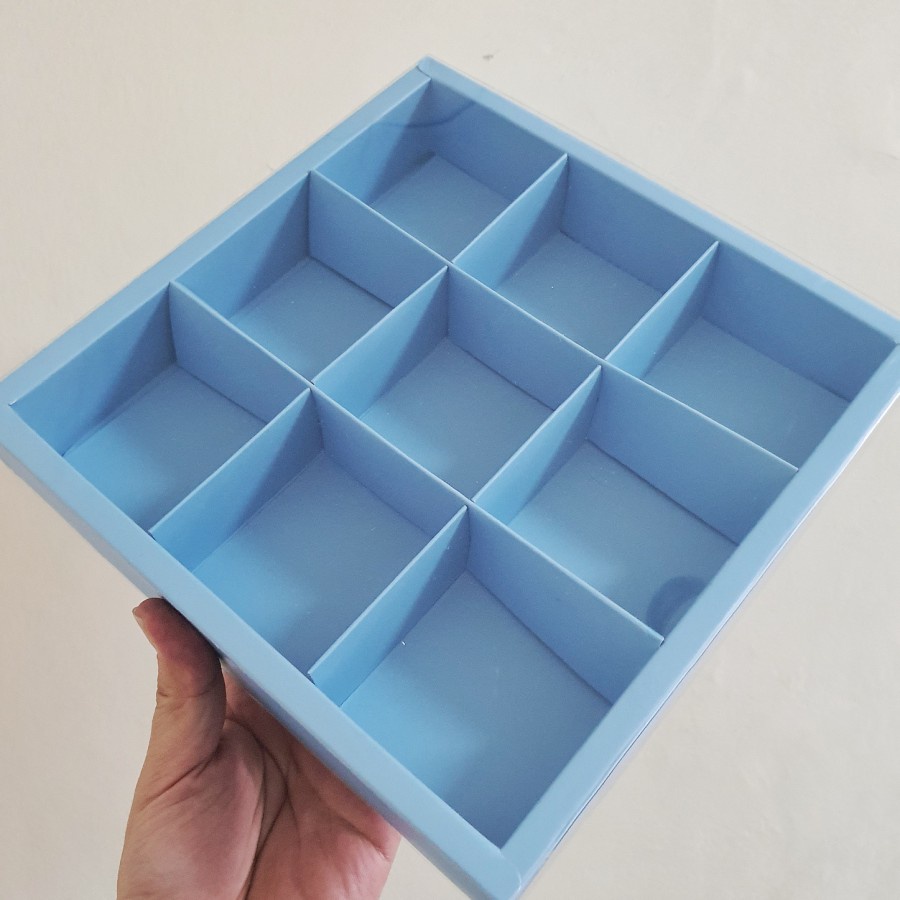 (5 Pcs)Box Dus Sekat Mooncake Pie Eggtart Kotak Kue Sekat 9 Kotak Packaging Hampers Kue Sekat 9 Biru