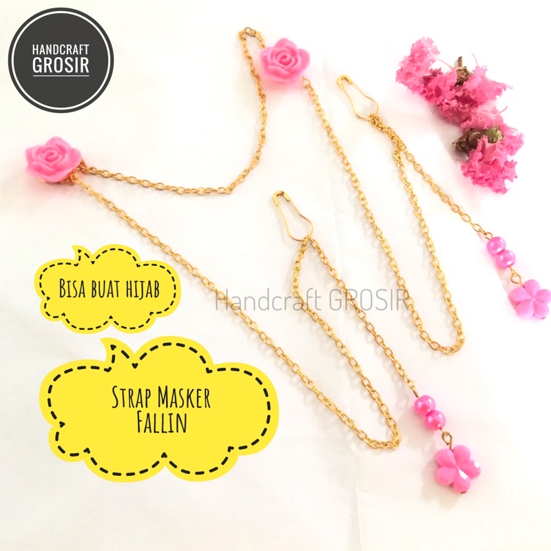 new cod STRAP MASKER FALLIN RANTAI GOLD MAWAR PINK BUNGA KECIL MUTIARA GANTUNG/strap masker hijab/st