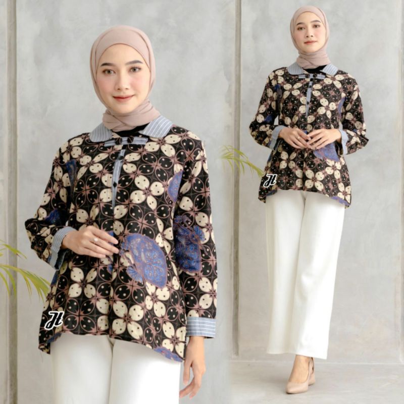 tey-17 Batik wanita ASJ SA HRB026 Kenongo Kemeja Tosca Pendek-Bolero bunga navy