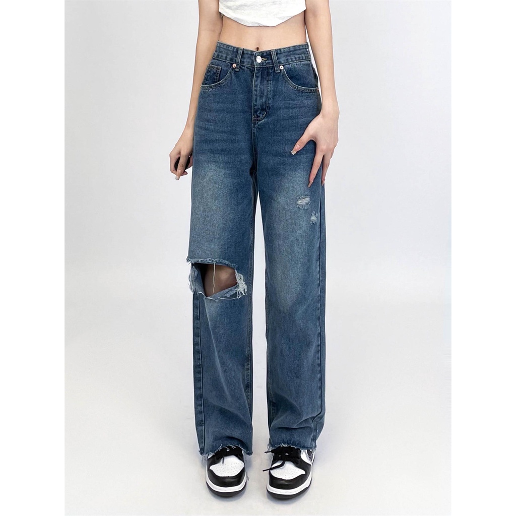 Highwaist Biru Premium Import Loose Original Fashion Retro Celana Jeans Panjang Wanita