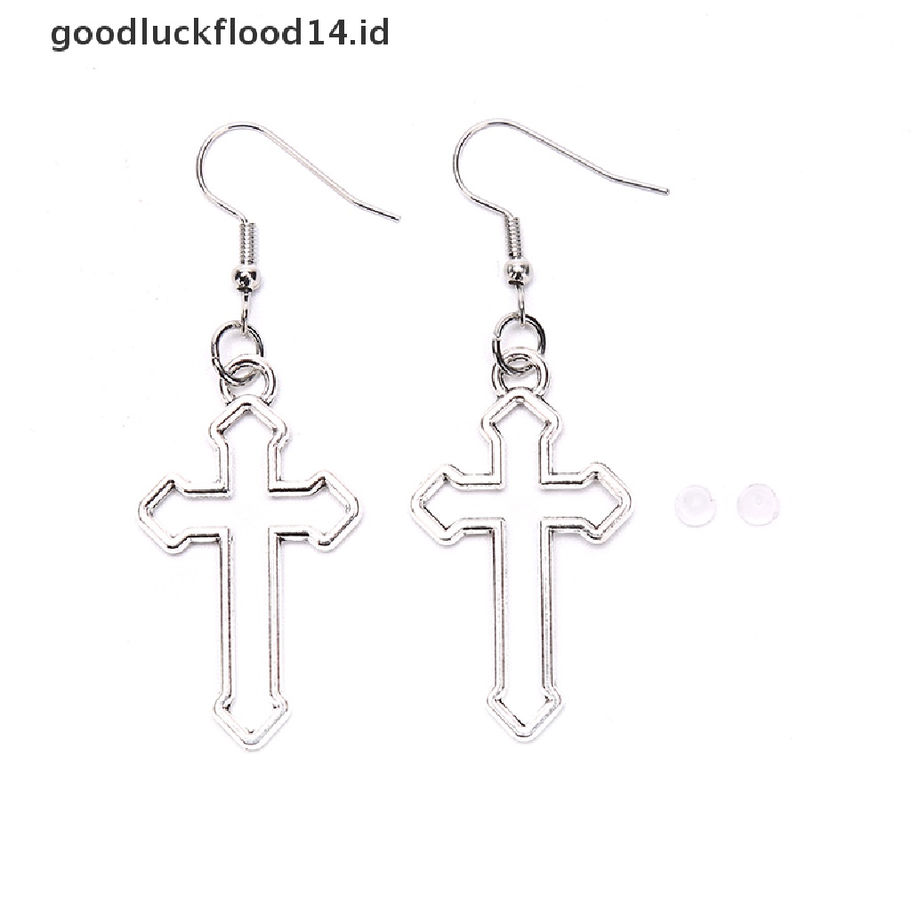 [OOID] Handmade Simple Cool Punk Vintage Silver Color Cross Charms Drop Earrings ID