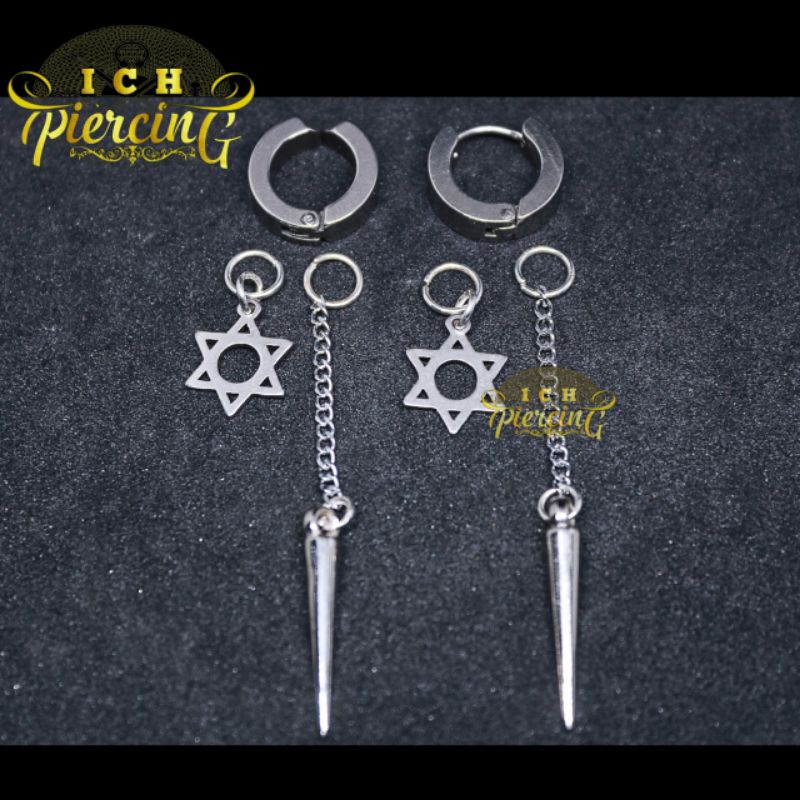 VIRAL Anting Bintang Hexagram Rantai Tmbak Titanium steel / Anting Pria Wanita Gantungan Piercing Xuping / anting tindik Korea / anting jepit Korea / anting jepit pria / ICH PIERCING