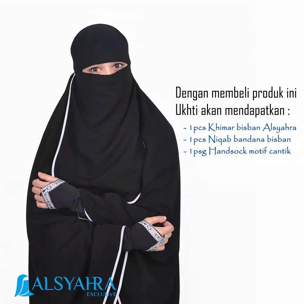 Alsyahra Exclusive Set Khimar Bisban Niqab Bandana Jetblack dan Handsock