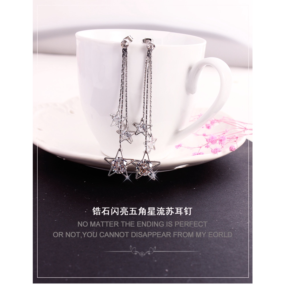 Fashion zircon mengkilap pentagram rumbai anting-anting anting-anting Korea gaya chic dan unik seder