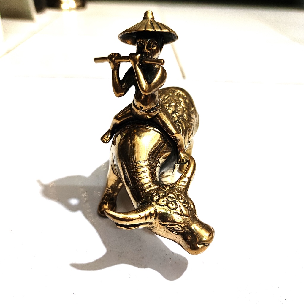 cowherd brass statue shepherd buffalo gembala sapi kerbau kuningan