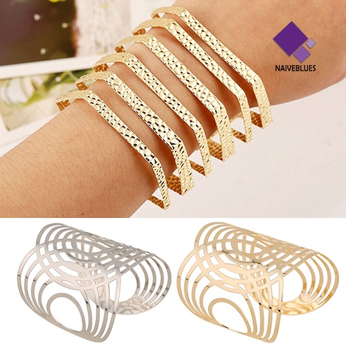 Naiveblue &gt; Gelang Tangan Terbuka Motif Geometri Aksen Hollow Warna Gold / Silver Untuk Unisex / Pria / Wanita