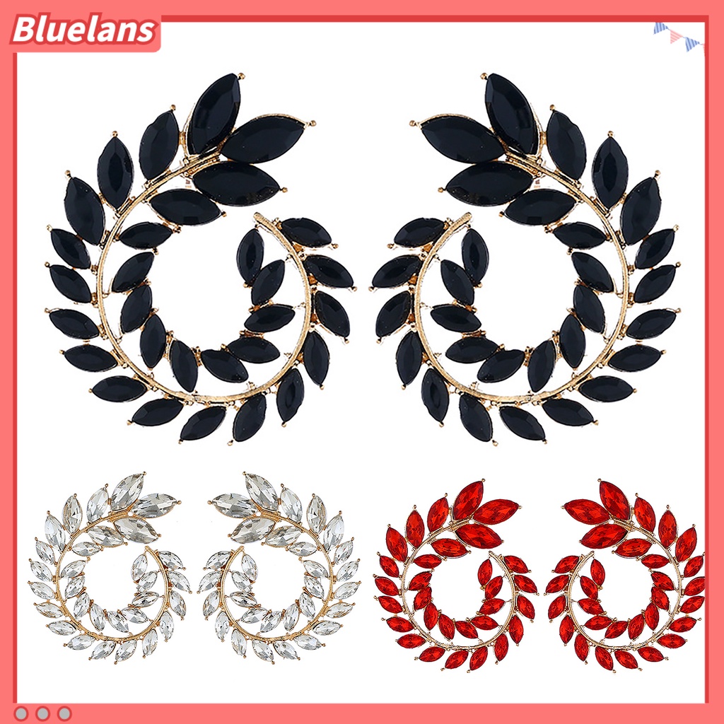 Bluelans 1 Pasang Anting Stud Cubic Zirconia Bentuk Cabang Daun Geometris Bulat Bahan Alloy Untuk Wanita