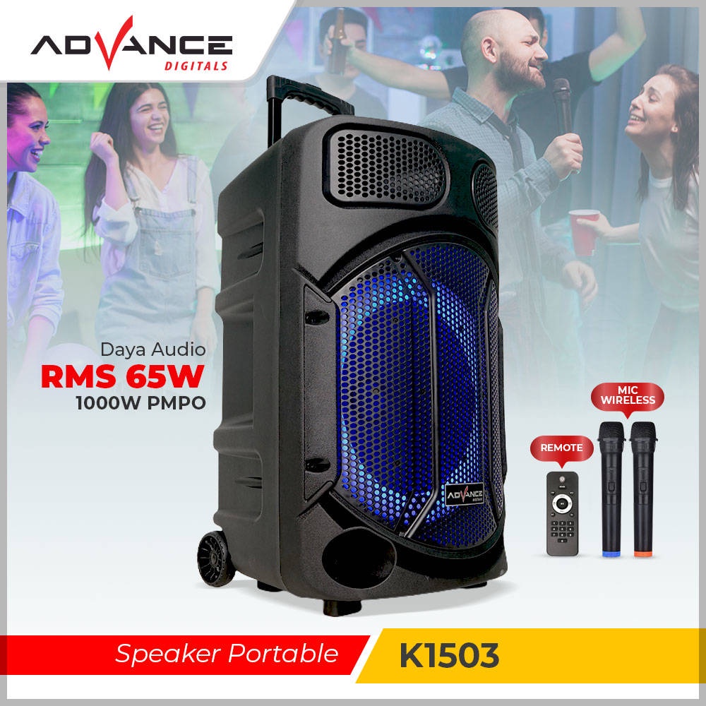 【READY STOCK】 Advance Roda / Tripod K1503 New Speaker Bluetooth Meeting 15 Inch Free 2 Mic Wireles With Led Light