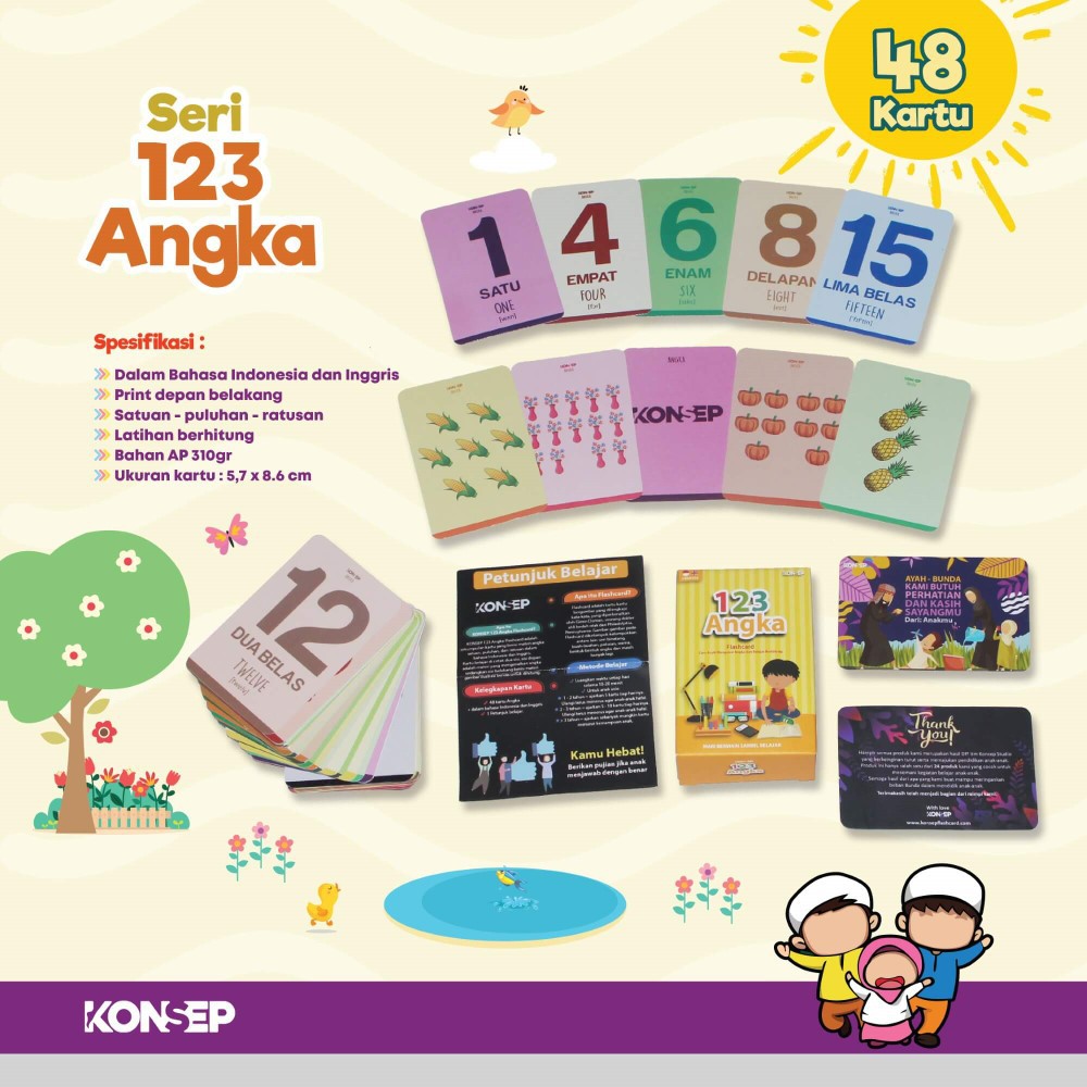 Flash Card 123 Angka - Kartu Belajar Anak Bergambar - Konsep Studio Original