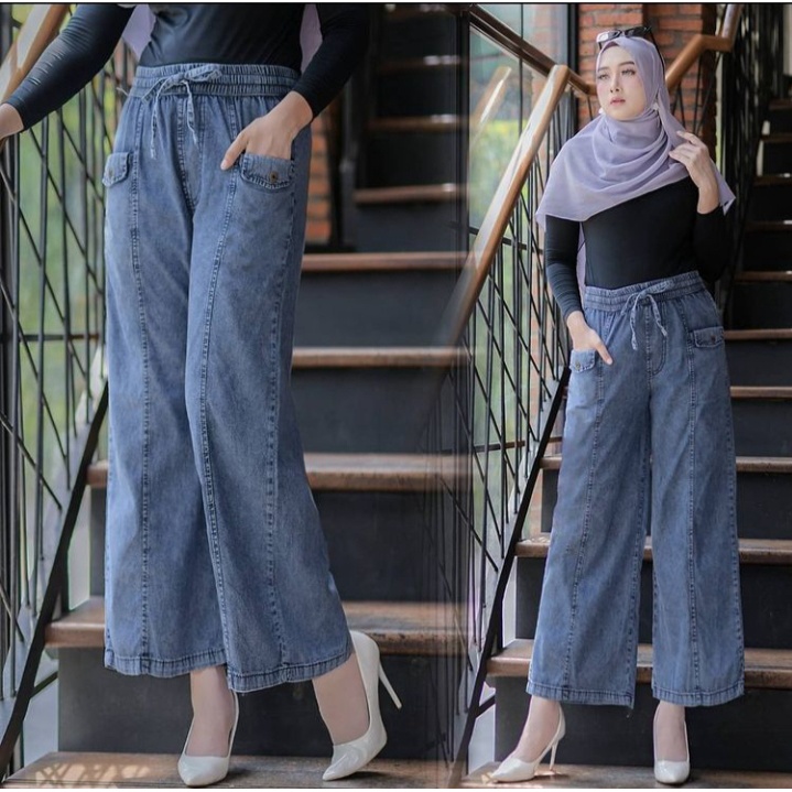 Kulot Fariz Jeans Wash HQ Mix Saku Depan Potongan Longgar Highwaist Culotte Tali Pinggang Karet full Anti Begah Straight Snow Blue Saku Hidup