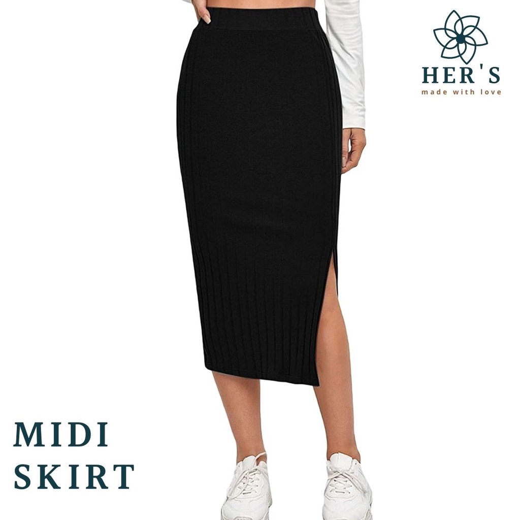 Her's - Joan Midi Skirt - Korean Midi Skirt Plain Split Rok Belah Hitam Polos Rok Wanita