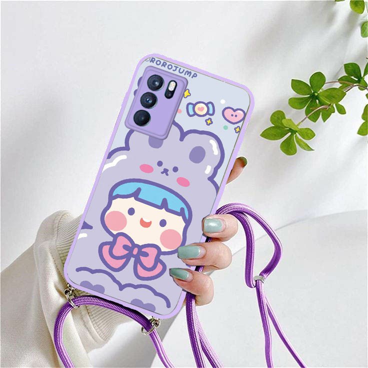 Softcase Kaca Ungu/Lilack + Tali Oppo A16 Oppo A54 Oppo A15 Oppo A5s Reno 5 Reno 5F Reno 6 (4G) | so