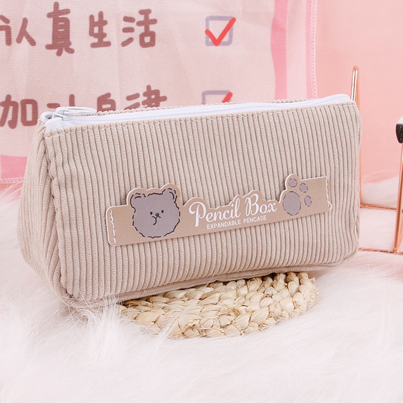 

AGOEE-Kawaii Pencil Case Big Pencil Bags Korean Stationery Corduroy Bear Large School Pencil Cases Trousse