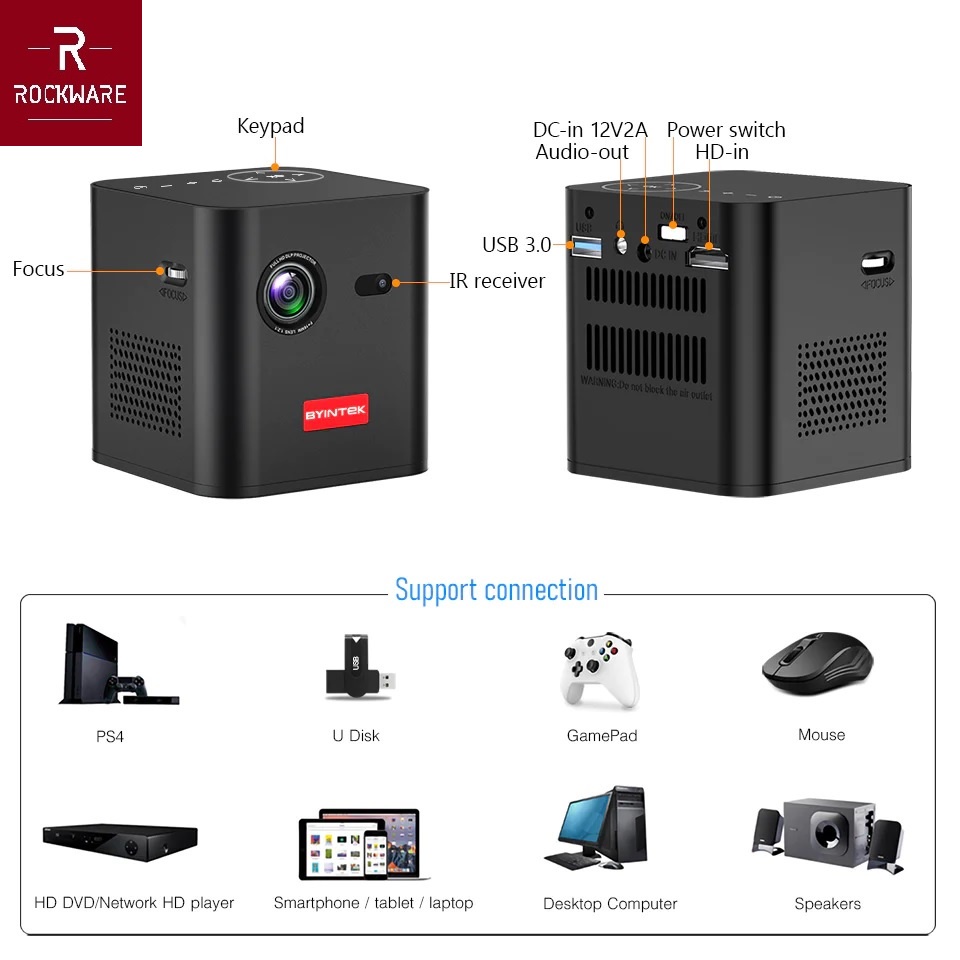 ROCKWARE C1000 - Mini Smart Android 9.0 DLP Projector - 180ANSI Lumens