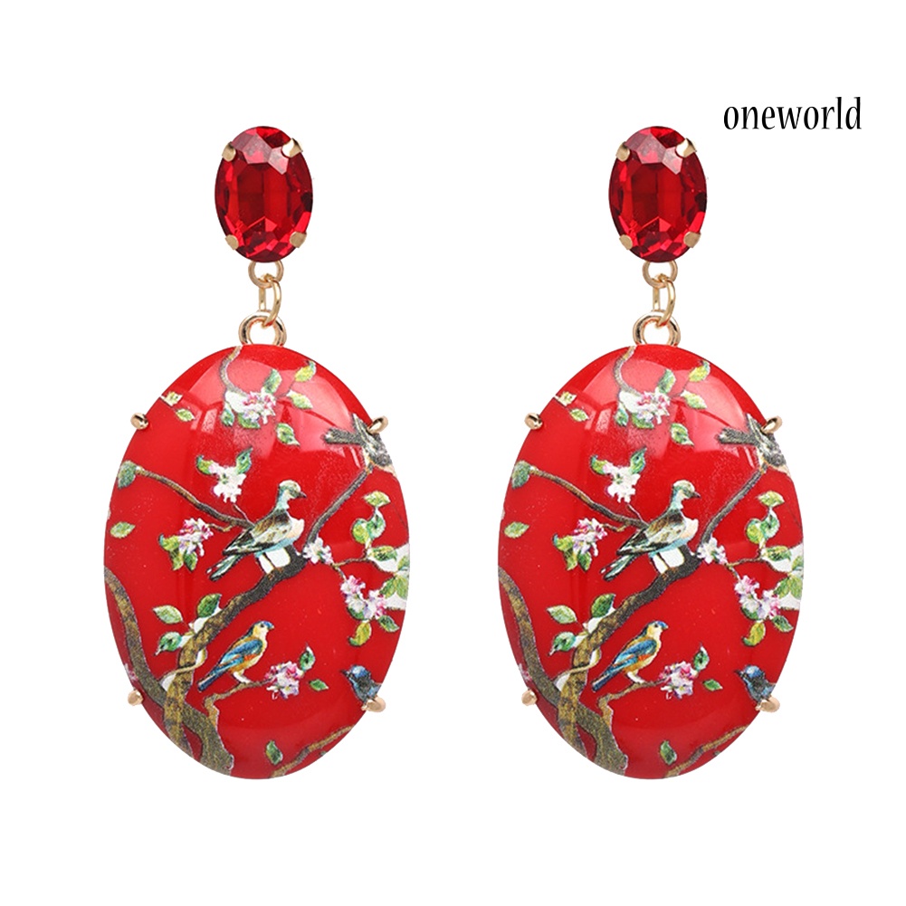 OW@ Vintage Women Resin Oval Dangle Earrings Hand Painted Flower Bird Party Jewelry