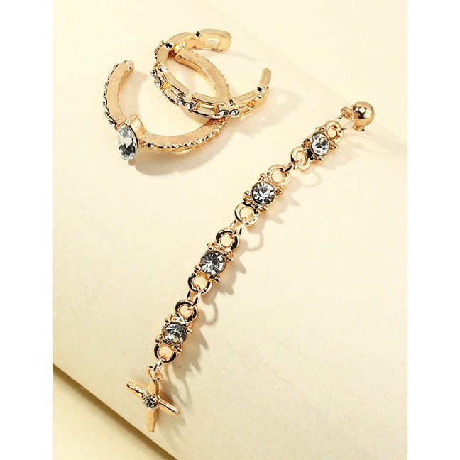 LRC Anting Set Fashion Golden Long Tassel Cross Asymmetrical Alloy Pierced P72150