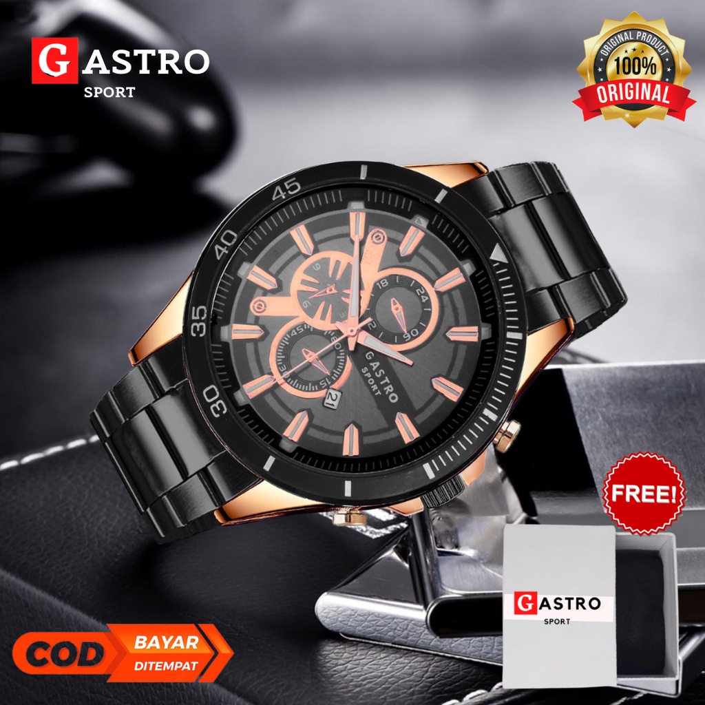 Jam Tangan Pria anti air Gastro sport stainless tanggal aktif gratis box