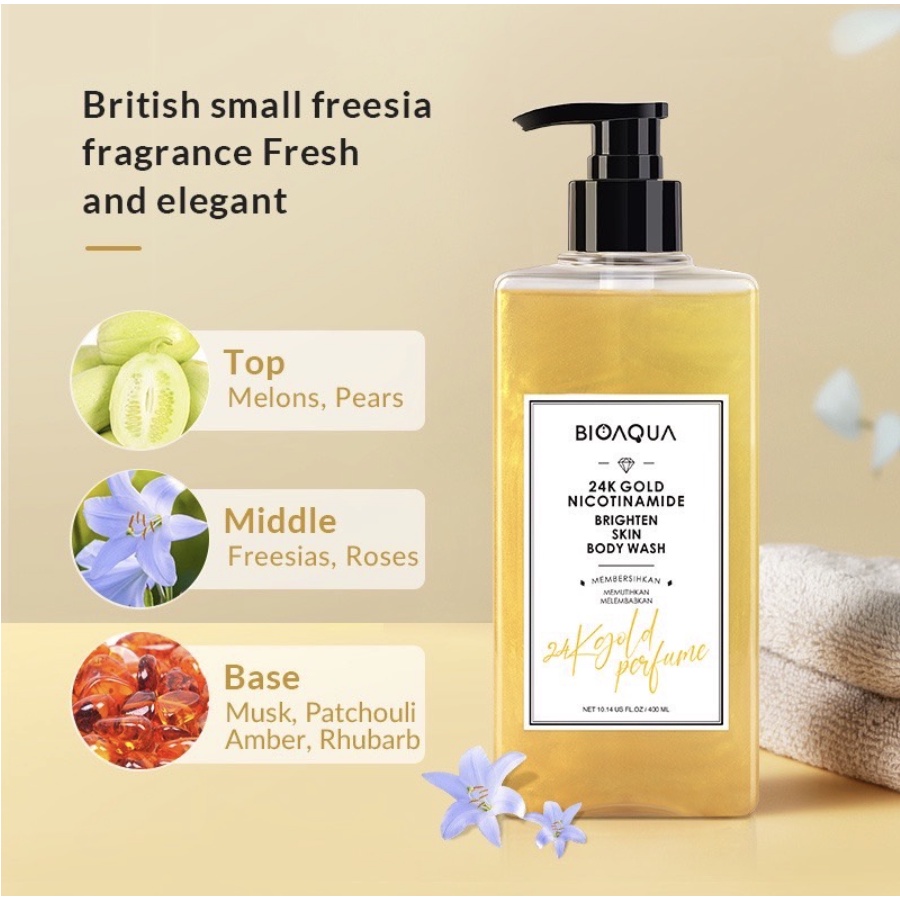 BIOAQUA 24K Gold Perfume Body Wash Sabun Mandi Cair Kecantikan 400ml Long Lasting Fragrance English Pear &amp; Freesia Scent Anti Acne Brightening Moisturizing Smooth Skin READY COD ORIGINAL BPOM