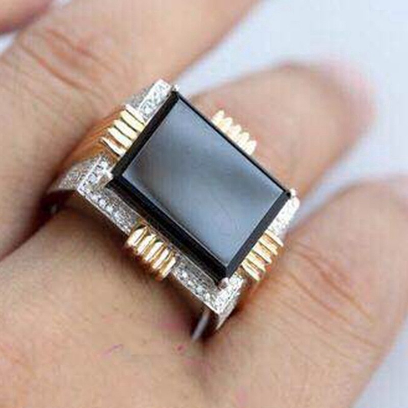 Cincin Model Lebar Dengan Batu Kristal Agate Hitam Bentuk Persegi XX