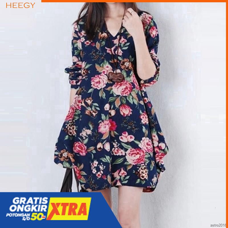 Dress Casual Fashion Floral Pattern Klasik Lengan Panjang Longgar Oversize Gaya Wanita Korea