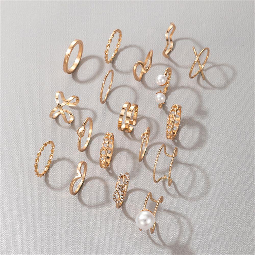 Lily 18pcs/Set Cincin Set Wanita Cewek Mutiara Hollow Bohemian