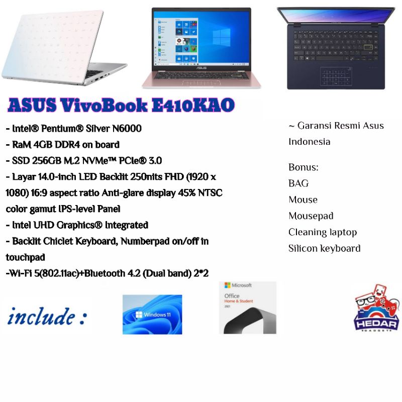 Asus Vivobook E410KAO Pentium Silver N6000 4GB 256GB W11 OHS 14 FHD