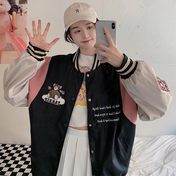 Takkep Bear Baseball Varsity Jacket Premium Fleece Tebal Fit L Outerwear Sweater Remaja Wanita Korean Style | Sweater Wanita Berkancing Desain Terbaru Classic Fashion Terkini