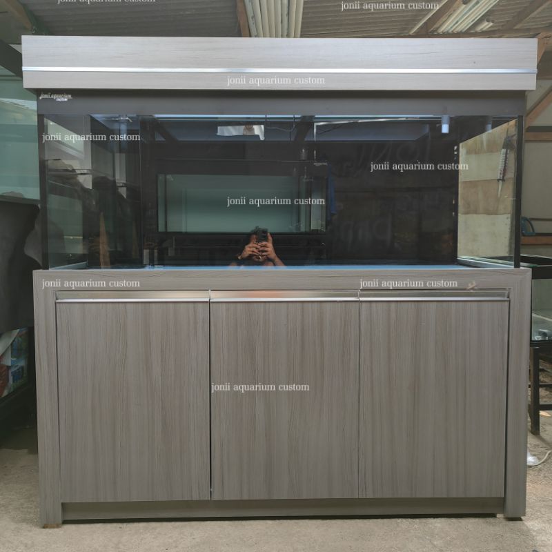 aquarium kabinet 150x60x60 12/10mm full stiker black and white ful set tinggal masuk ikan saja