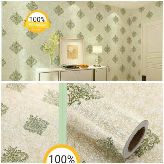Baru - Murah Wallpaper Sticker Dinding Motif Gold Emas Benang Rajut Batik Hijau Mewah Elegan